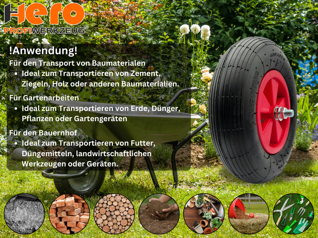 Schubkarrenrad Ersatzrad Luftrad 4.804.00-8 4PR Reifen 20mm Achsloch HERO