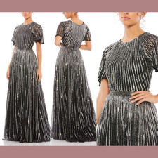 NWT $698 Mac Duggal [ 4 ] Short Sleeve Ombre Sequined Evening Gown BLACK #Q601