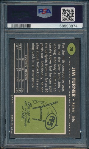1969 Topps Football Jim Turner #29 PSA 8 JETS NM-MT - Picture 2 of 2
