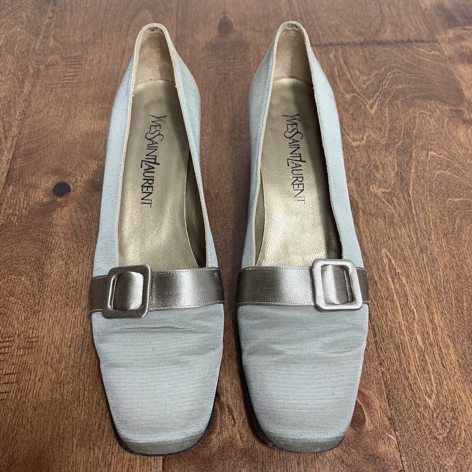 YVES SAINT LAURENT SCARPE DONNA TACCO verde salvia raso POMPA blocco fiocco TAGLIA 7 5 N