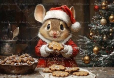 CHRISTMAS COOKIE MOUSE ART PRINT, Rat Santa Poster, Holiday Kitchen Decor E728