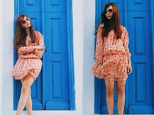  ZARA SHORT DRESS FLORAL PRINT OVERSIZED CHIFFON DRESS LONG SLEEVE & FRILL NEW