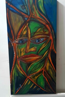 Portrait Gesicht Abstrakt Gemälde auf Leinwand Handgemalt 30x60 cm Picasso Inspiriert