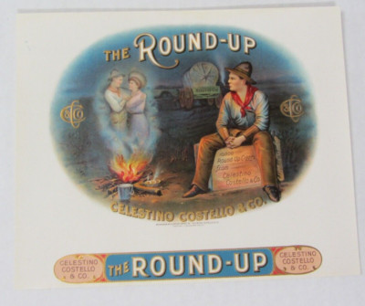 Antique Embossed Lithograph Round Up Cigar Box Label 8'' x 6.5''