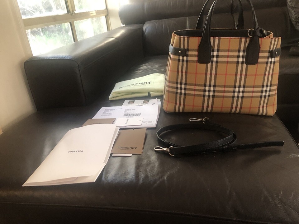 Authentic Burberry Check Medium Banner Handbag w/Strap Made In Italy. Like New
