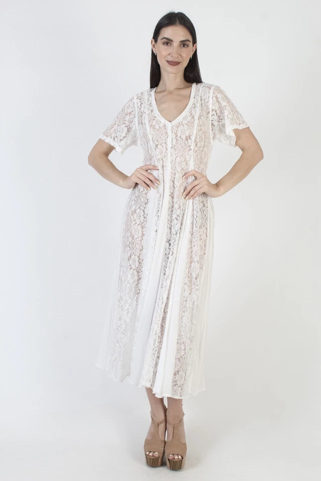 Vtg 90s White Gypsy Lace Grunge Dress Sundress Liberty Print Romantic Sheer Maxi - Image 2 of 4