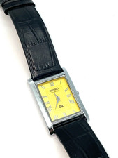 RARE Vintage Seiko S2 Slim Tank Quartz Men Yellow Dial Black leather Dress Watch