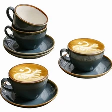 Ceramic Cappuccino Cup Set of 4, 7.8 OZ Cups and Saucers Set,Coffee Mocha Cup...
