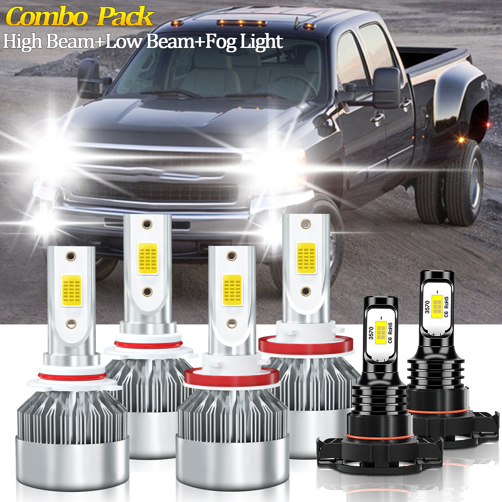 2007-2015 Chevy Silverado 1500 6x 6000K LED Headlight and Fog Bulbs Kit