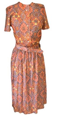 Vintage All Ace Tate Love Of California dress Orange, Yellow, Blue w/ Belt Sz 14