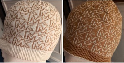 Michael Kors MK Logo Repeating Monogram Womens Knit Hat Camel & Ivory Reversible