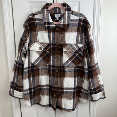 Time and Tru Womens Plaid Shirt Jacket Oversized Shacket XL 16 18 Brown White