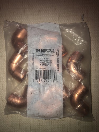 NIBCO CP-607 3/4 in Copper 90 Elbow CxC Sweat Fittings, Bag of 10 NEW OLD STOCK
