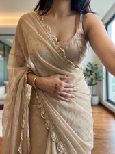 Women  s Beige Georgette Saree Embroidered Daily Wear with unstiched blouse