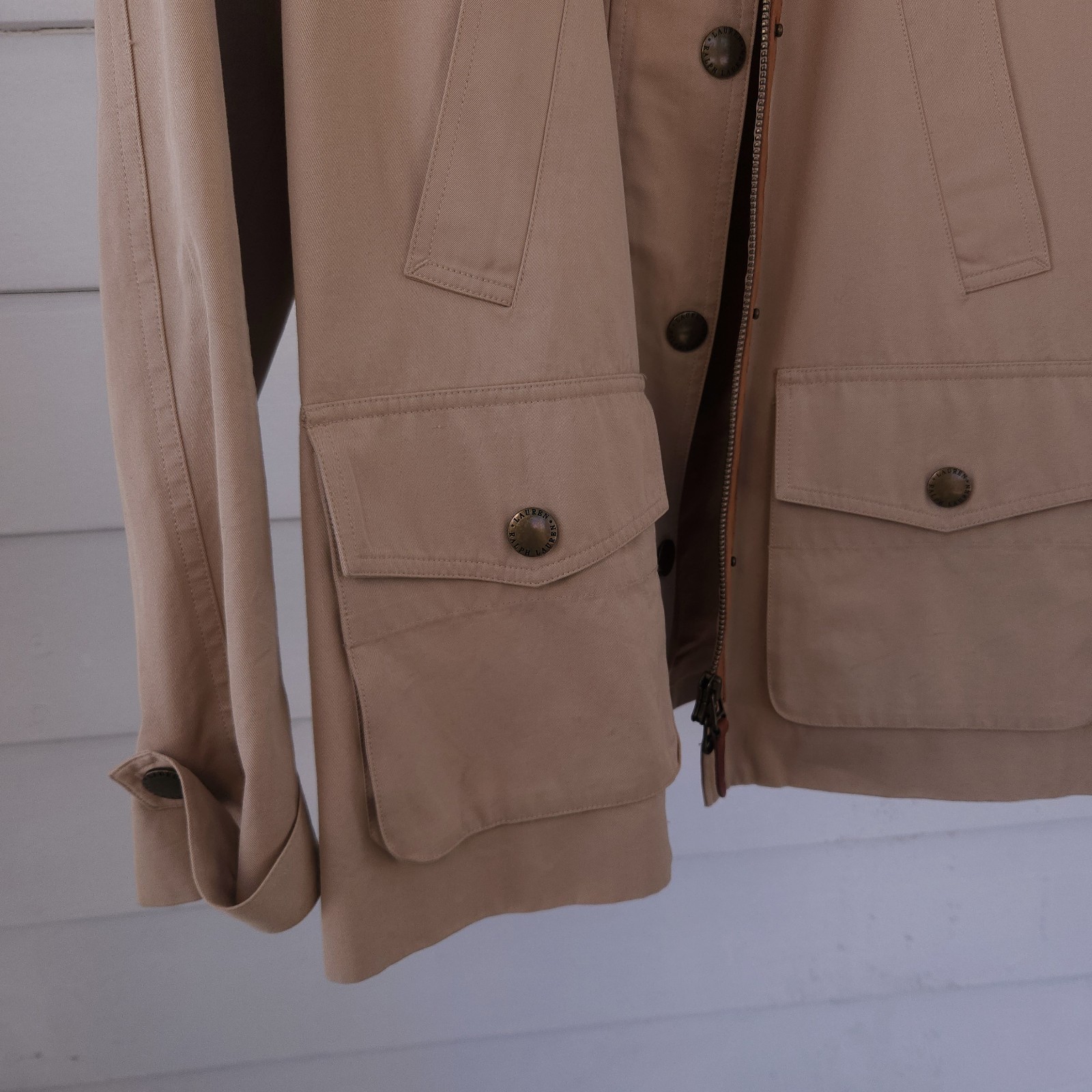  Lauren Ralph Lauren Khaki Utility Field Jacket Lambskin Leather Trim Women's M thumbnail 5