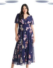 Ex Womens Scarlett & Jo Plus Isabelle Navy Pink Floral Maxi Dress Angel Sleeve