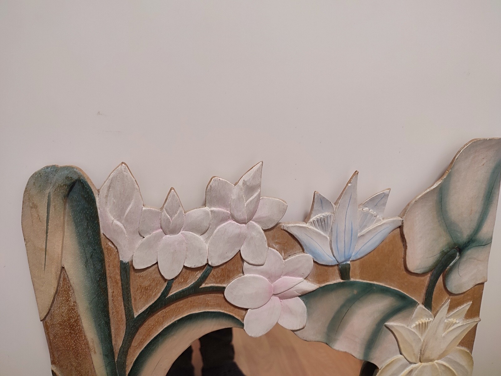 Grand Miroir Ancien En Bois Sculpté - Oiseaux Et Fleurs Exotiques - Vintage 50x30 Cm
