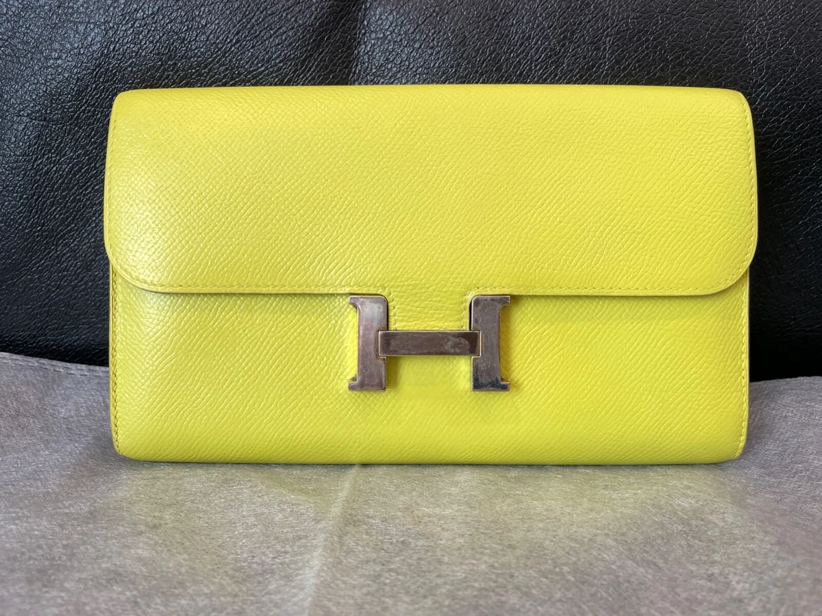 AUT HERMES Soufre Yellow Epsom Leather PHW Constance Long Wallet lime  clutch bag