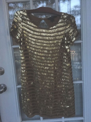 French Connection Gold  Women's Sequin Shift Dress Sz 4 $298  - Picture 1 of 12