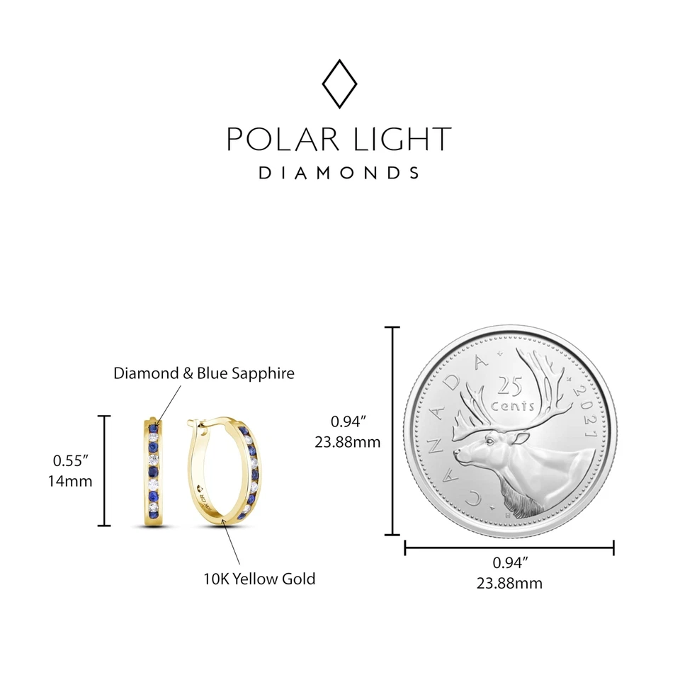 Conjunto de aretes tipo argolla pequeños con bisagras de oro amarillo de 10 quilates, diamantes y zafiro azul Foto 3 de 4