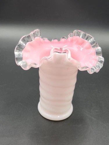 Vintage Pink/White Fenton Milk Glass Vase  Cylindrical Shape Crimp Ruffle Rim