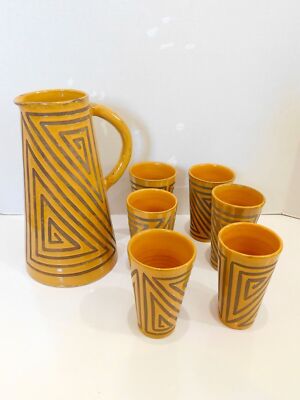 Raymor Bitossi Italy Pottery Pitcher 6 Tumblers Yellow Geometric Mid Century MOD