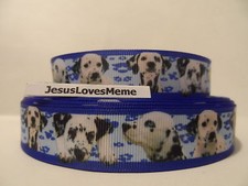 Grosgrain Ribbon, Life-like Dalmatian Doggies with Blue Border Dog Collars, 7/8"