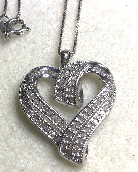 Crystal Open Heart Necklace Signed SUN BR Silver Plated Brass Chain 18 Inches