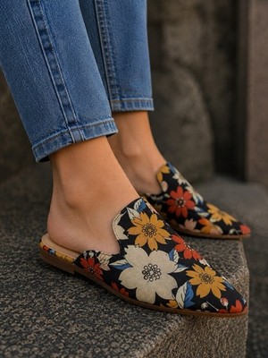 Tilocow-Women's, Floral Pattern, Pointed Toe, Flat, Slip On, Loafer, Mules. Sz-6