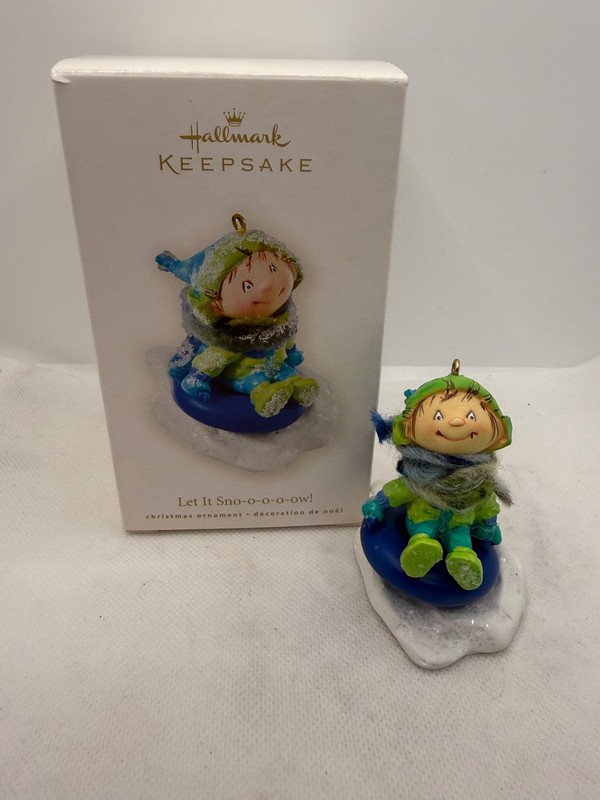 Hallmark Let it Snow Snooooow 2008 Child Sledding Fuzzy Scarf Christmas Ornament