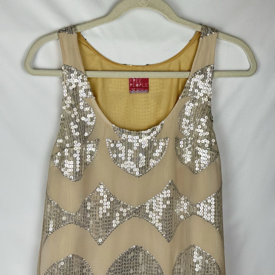 Free People Sequin Mesh Mini Dress S Silver Nude Boho Glam Festival Lace Vtg - Image 2 of 4