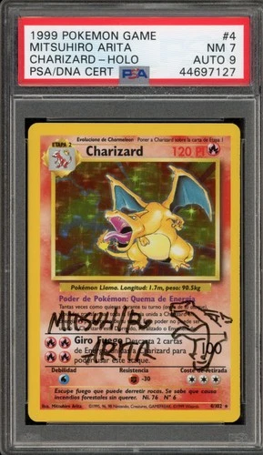 Pokemon Charizard Base Set Unlimited Holo #4 Mitsuhiro Arita Sketch Auto 9 PSA 7