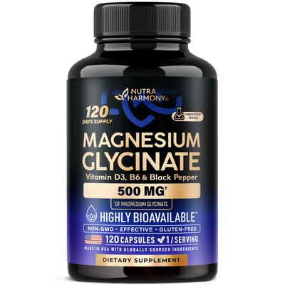 Magnesium Glycinate 500 mg - Chelated Supplement - with Vitamin B6 & D3 - Hig...