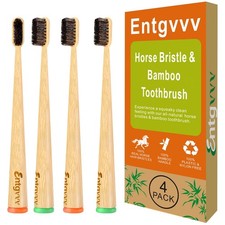 Horse Bristle Bamboo Toothbrush, Non Plastic Wooden Toothbrushes, 4 Pack Plas...