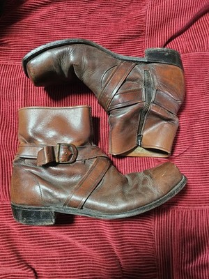 Vintage Distressed Brown Leather Harness Buckle Boots