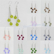 Natural Gemstone Multicolor Jade Round Beads Cluster Dangle Silver Hook Earrings