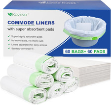 60 Pack Commode Liners with Absorbent Pads, 60 Bedside Commode Liners and 60 Com