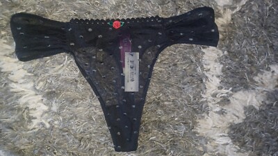 Adore Me/VS Flocked Dot Mesh Thong Panty NEW Small Black