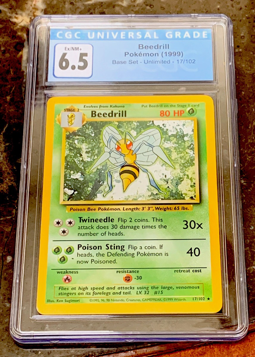 1999 beedrill pokemon card value 1999 POKEMON BASE SET BEEDRILL #17 RARE-CGC 6.5 EX/NM+ FRESHLY GRADED-NICE!