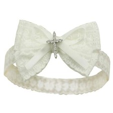 White Baby Bow Headband Baptism Christening Satin Lace Cross 0-6 months