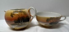 Vintage Japanese Creamer Sugar Set with Tree Cottage Scene Sunset Lusterware