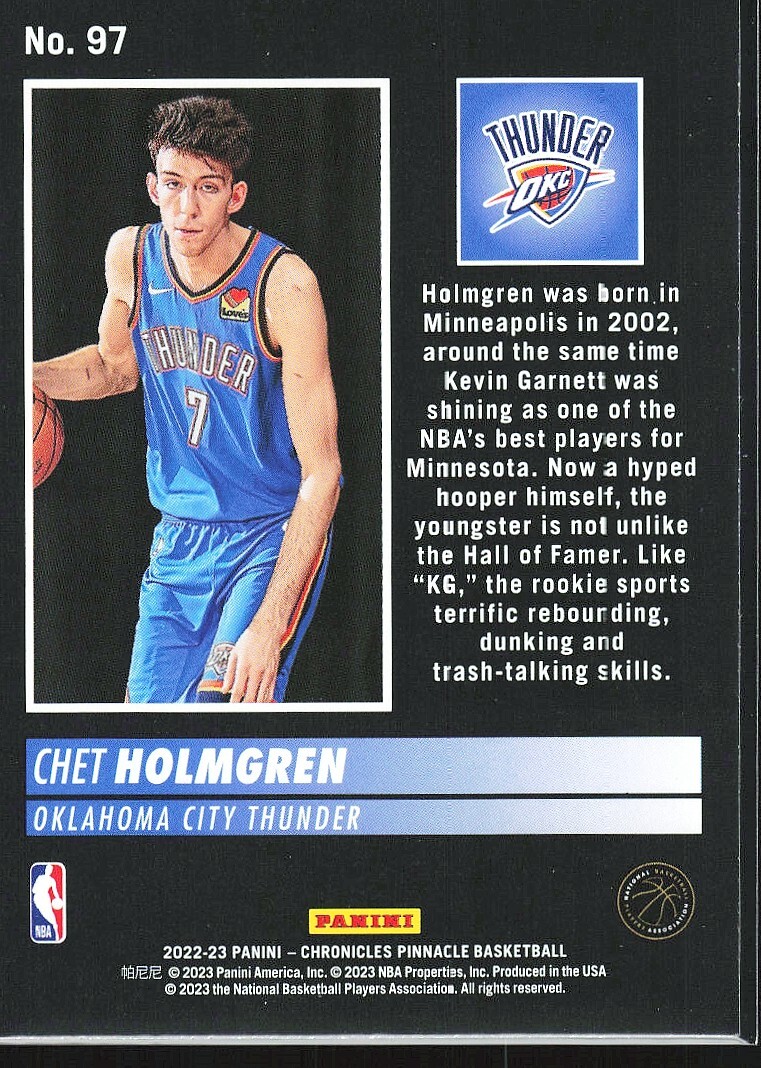 2022-23 Pinnacle Chet Holmgren Rookie Oklahoma City Thunder 2022-23 Pinnacle Chet Holmgren Rookie Oklahoma City Thunder