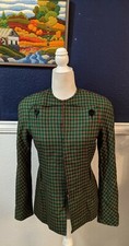 VTG Carlisle Green Red Plaid Collarless Blazer Jacket 100 Wool Sz 6 Small S