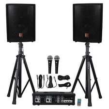 Rockville RPG2X10 PA System w/ Mixer/Amp+10" Speakers+Stands+(2) Mics+Bluetooth