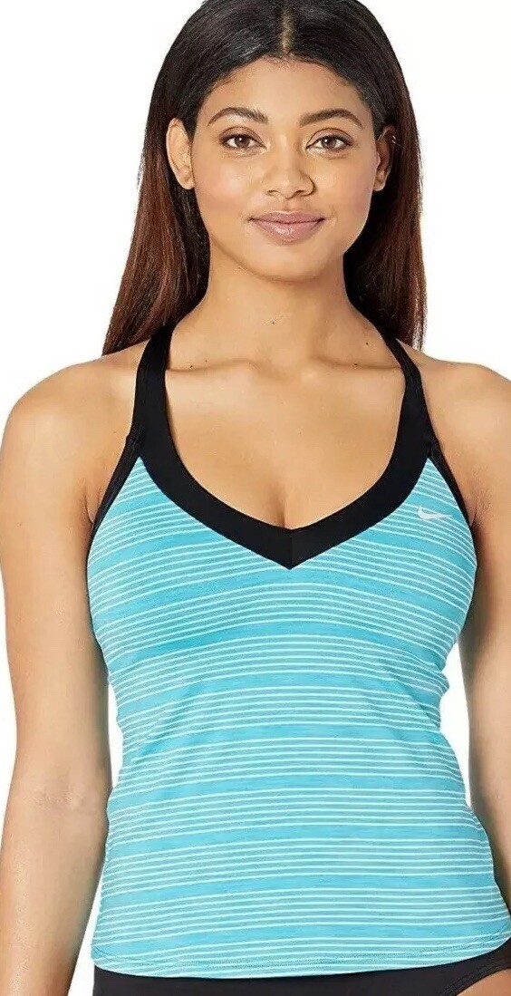 NWT Nike Women's Heather Stripe V Neck Tankini Top NESS9248 430 Small Light  Blue | eBay