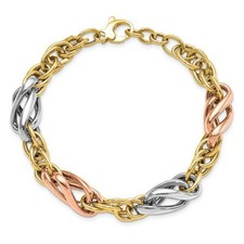 14k Gold High Polish TriColor 3 Tone Rose White Pink Yellow Fancy Link Bracelet