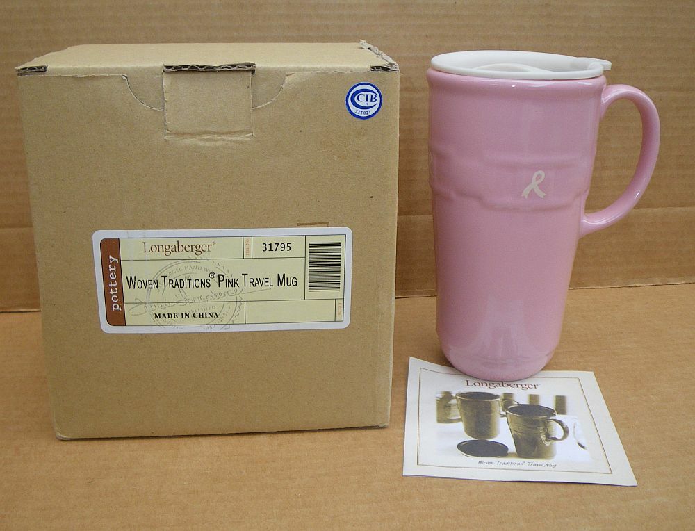 Longaberger Woven Traditions Pink ceramic Travel Mug Cancer Awareness