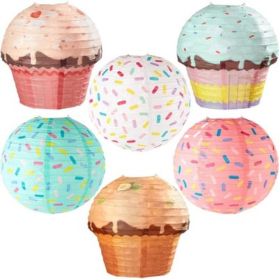 Hortsun 6 Pcs Donut Party Hanging Paper Lanterns Sprinkle Party Cupcake Hanging