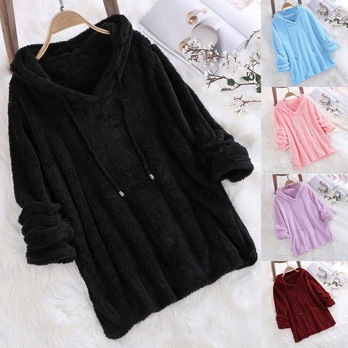 Plus Size Women Warm Fluffy Fleece Hoodie Jumper Soft Winter Pullover Sweatshirt