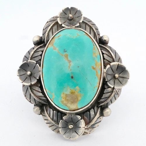 FLOWERY Turquoise & Sterling Silver Ornate Southwest Statement Ring, US 9.5